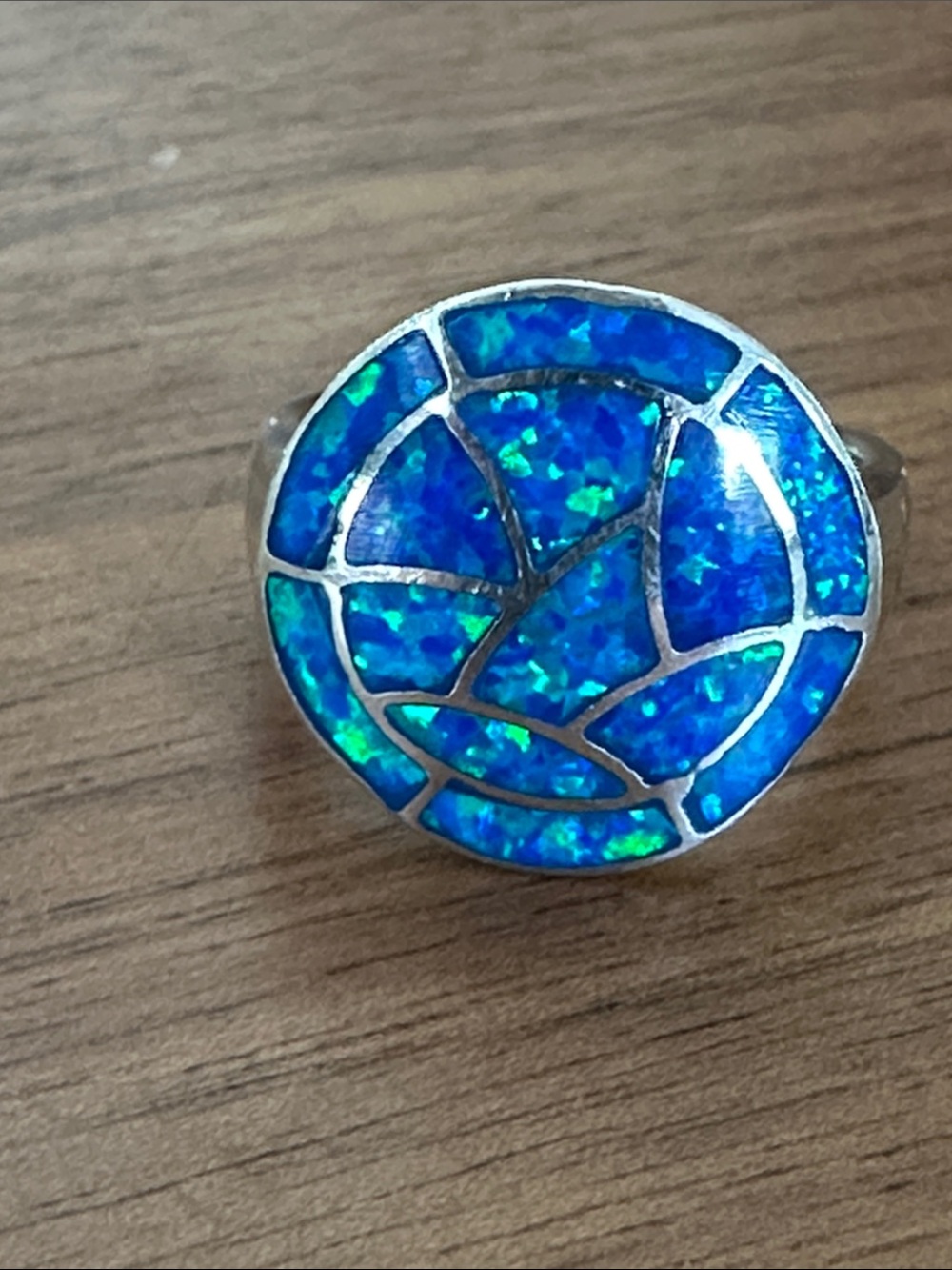 Blue Opal Mosaic Round Sterling Silver Ring